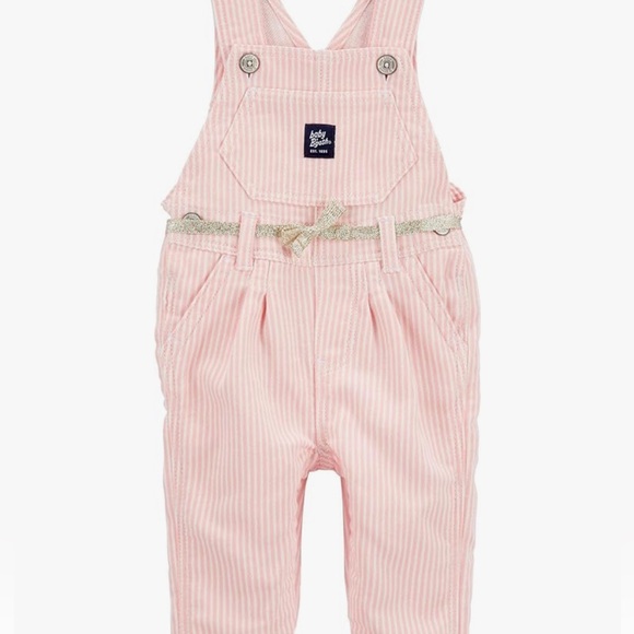 Oshkosh Baby B’Gosh Pink Hickory Railroad Stripe Stretch Overalls w Gold Belt 6M - Picture 2 of 7
